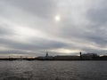 Saint-Petersburg, RUSSIA Ã¢â¬â May 1, 2019: Landscape at stormy day. Neva river. View on the Kunstkamera. Royalty Free Stock Photo